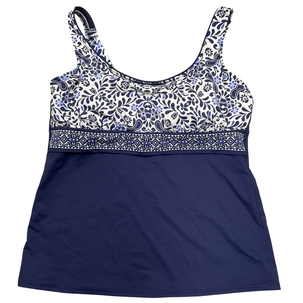 Lands' End Tankini Top Womens 10 Navy Blue Floral Paisley Beach Modest Swim